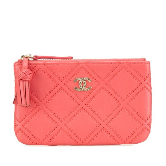 CHANEL Pink Lambskin Leather Logo Pouch - Picture 1 of 10